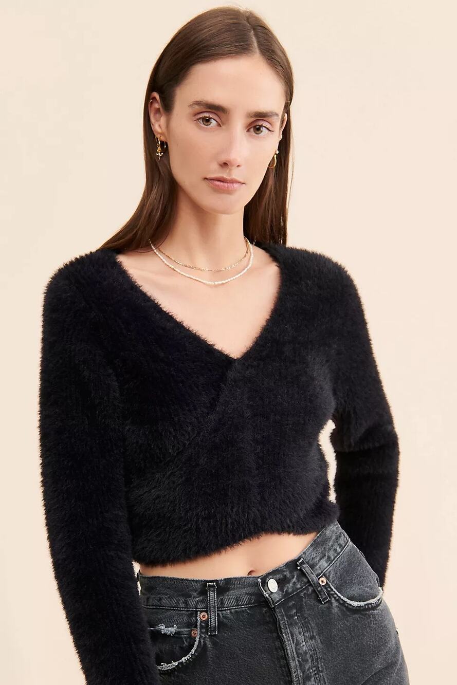 Oval Square Free People Young Fuzzy Black Sweater M Faux Wrap Crop NWT